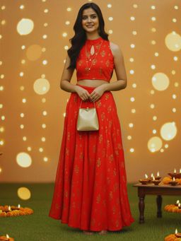 Sera - Women Red Pure Cotton Printed Top with Skirt