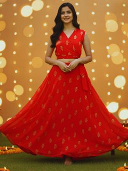 Sera - Women Red Viscose Rayon Printed Top with Skirt