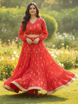 Sera - Women Red Viscose Rayon Printed Top with Skirt