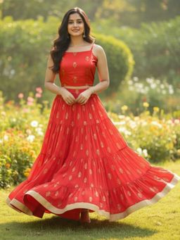 Sera - Women Red Viscose Rayon Printed Top with Skirt