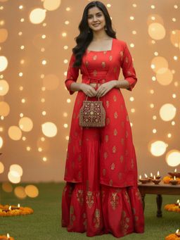 Sera - Women Red Viscose Rayon Printed Top with Palazzo and Shrug