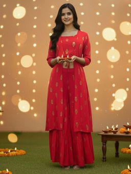 Sera - Women Red Viscose Rayon Printed Top with Palazzo and Shrug