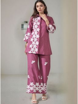MYSHKA - Women Mauve Cotton Embroidered Co-Ord Set