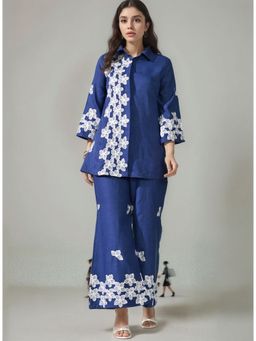 MYSHKA - Women Navy Blue Cotton Embroidered Co-Ord Set