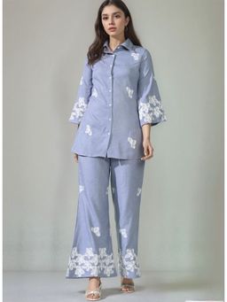 MYSHKA - Women Blue Cotton Embroidered Co-Ord Set