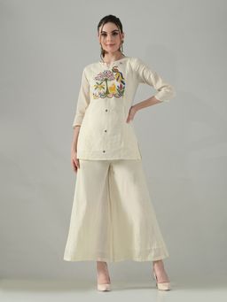 MYSHKA - Women Off White Cotton Embroidered Co-Ord Set