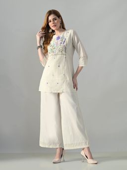 MYSHKA - Women Off White Cotton Embroidered Co-Ord Set