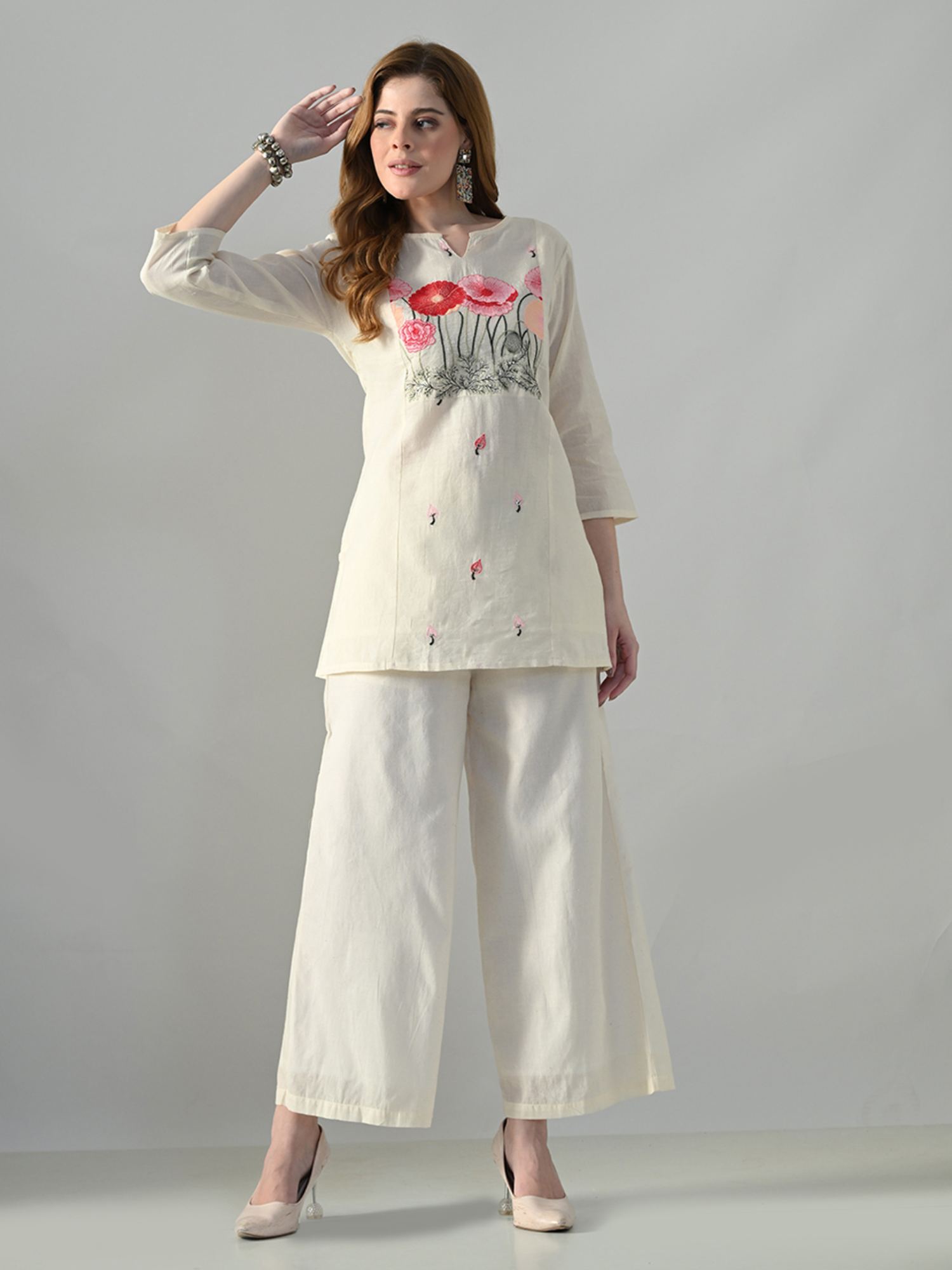 myshka Women Off White Cotton Embroidered Co-Ord Set-picture-35
