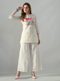 MYSHKA - Women Off White Cotton Embroidered Co-Ord Set