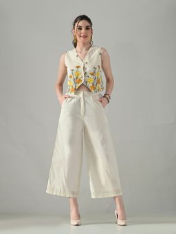 MYSHKA - Women Off White Cotton Embroidered Waistcoat with Pant