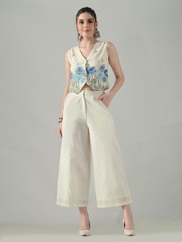 MYSHKA - Women Off White Cotton Embroidered Waistcoat with Pant