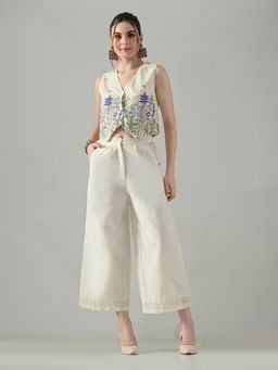 MYSHKA - Women Off White Cotton Embroidered Waistcoat with Pant