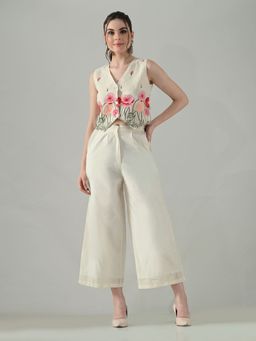 MYSHKA - Women Off White Cotton Embroidered Waistcoat with Pant