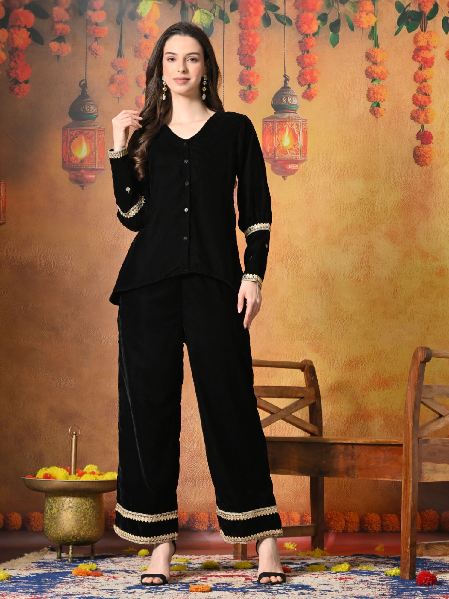 myshka Women Black Velvet Embroidered Co-Ord Set-picture-6