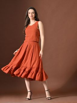 MYSHKA - Women Rust Pure Cotton Embroidered Top with Skirt