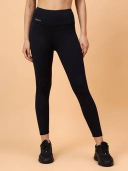 Fitkin - Women Black Solid High-Rise Training Tights with Mesh Details