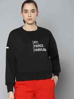 Fitkin - Women Black Cotton Typography Embroidered Fleece Sweatshirt