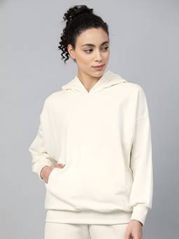 Fitkin - Women Cream Solid Fleece Hooded Pullover Sweatshirt