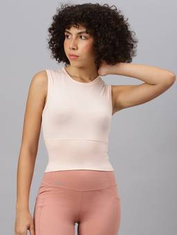 Fitkin - Women Light Pink Sleeveless Round Neck Sculpt Fit Activewear Crop Tank Top
