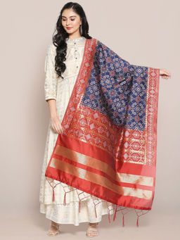 Dupatta Bazaar - Womens Banarasi Navy Blue & Red Silk Dupatta