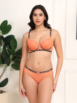 BRACHY - Women's Orange Elegant Lace Bridal Padded Pushup Underwired Bra and Panty