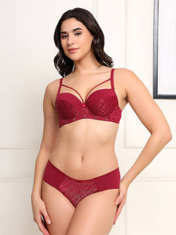 BRACHY - Women's Maroon Padded Push-Up Lace Plunge Bra and Panty