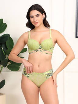 BRACHY - Women's Green Printed Padded Push-Up Underwired Plunge Bra and Panty