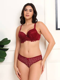 BRACHY - Women's Maroon Stylish Lace Heavy Padded Underwired Plunge Bra and Panty