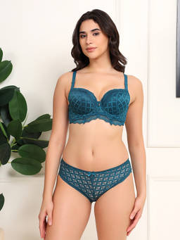 BRACHY - Women's Teal Stylish Lace Heavy Padded Underwired Plunge Bra and Panty