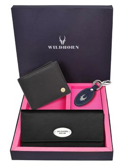 WILDHORN - Premium Leather Ladies Wallet, Mens Wallet and Keychain Gift -1K_BK_2052BK_K (Set of 3)