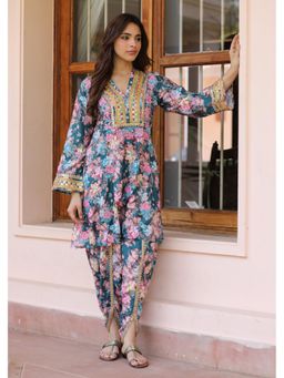 HOUSE OF KARI - Saba Chikankari Kurta Dhoti in Muslin Silk - Turquoise Blue (Set of 2)