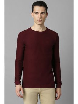 Louis Philippe - Men Textured Slim Full Sleeves Round Neck Maroon T-Shirt