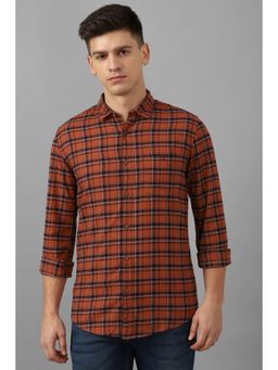 Louis Philippe - Men Checks Super Slim Full Sleeves Collar Neck Orange Casual Shirt