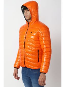 Peter England - Men Solid Regular Full Sleeves Hooded Orange Puffer Jacket