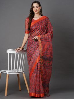 Akhilam - Women Linen Blend Orange Printed Celebrity Saree with Unstitched Blouse Piece