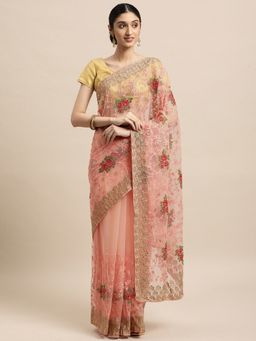Vastranand - Peach-Coloured Ethnic Motifs Net Saree with Unstitched Blouse