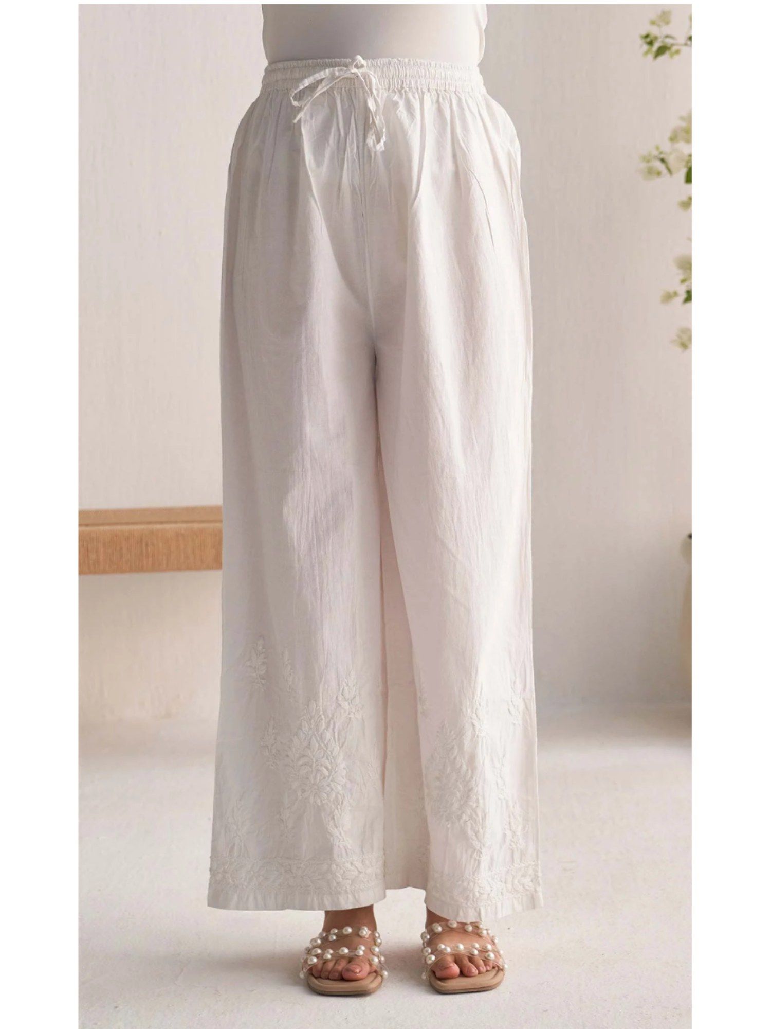 undyed White Chikankari Cotton Wide Leg Pant-picture-14