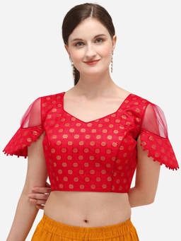 Amrutam Fab - Womens Jacquard Red Stiched Blouse With V Neck