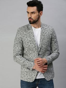 SHOWOFFFF - Men Notched Lapel Single-Breasted Grey Floral Blazer