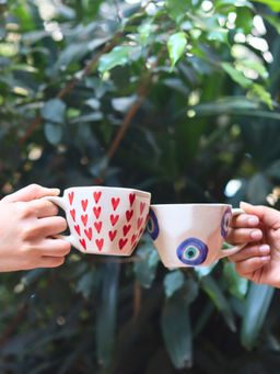 WEAVING HOMES - White Evil Eye & Heart Mugs (Pack of 2)