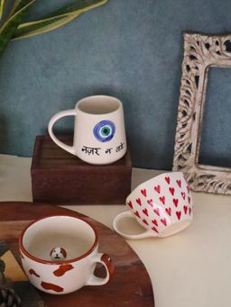 WEAVING HOMES - White Dog, Heart & Nazar Mugs (Pack of 3)