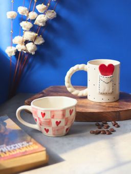 WEAVING HOMES - White Love Letter & Chequered Heart Mug (Pack of 2)