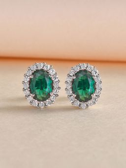 Ornate Jewels - 925 Silver Green Emerald & American Diamond Oval Stud Earring for Women & Girls