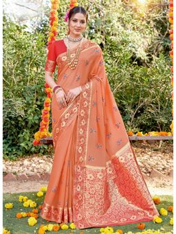 Sangam Prints - Peach Woven Work Traditional Saree with Unstitched Blouse