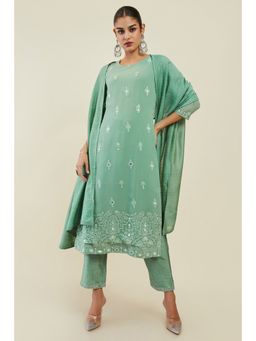 Soch - Sap Green Georgette Salwar Suit with Embroidered Designs and Embellishments (Set of 3)