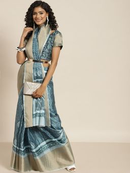 Odette - Women Teal Silk Blend Printed Saree with Unstitched Blouse