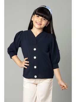 NEOFAA - Girls Solid Navy Blue V Neck Top
