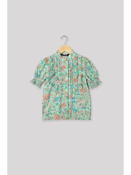 NEOFAA - Girls Cuff Sleeve Floral Print Green Round Neck Top