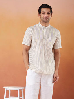 Fabindia - White Cotton Striped Mid Placket Shirt