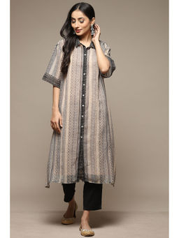 Biba - Womens Beige/black Printed Poly Georgette Straight Kurta (Set of 2)